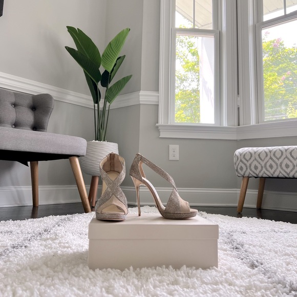 JIMMY CHOO Vision 120 Macaroon & Sand Lamé  Glitter Metallic Nappa Sandals 36💕 - Picture 7 of 8